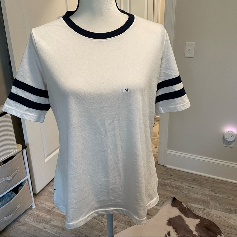 NWT Maurices Women’s White Tee with Navy Trim and Sleeve Stripes